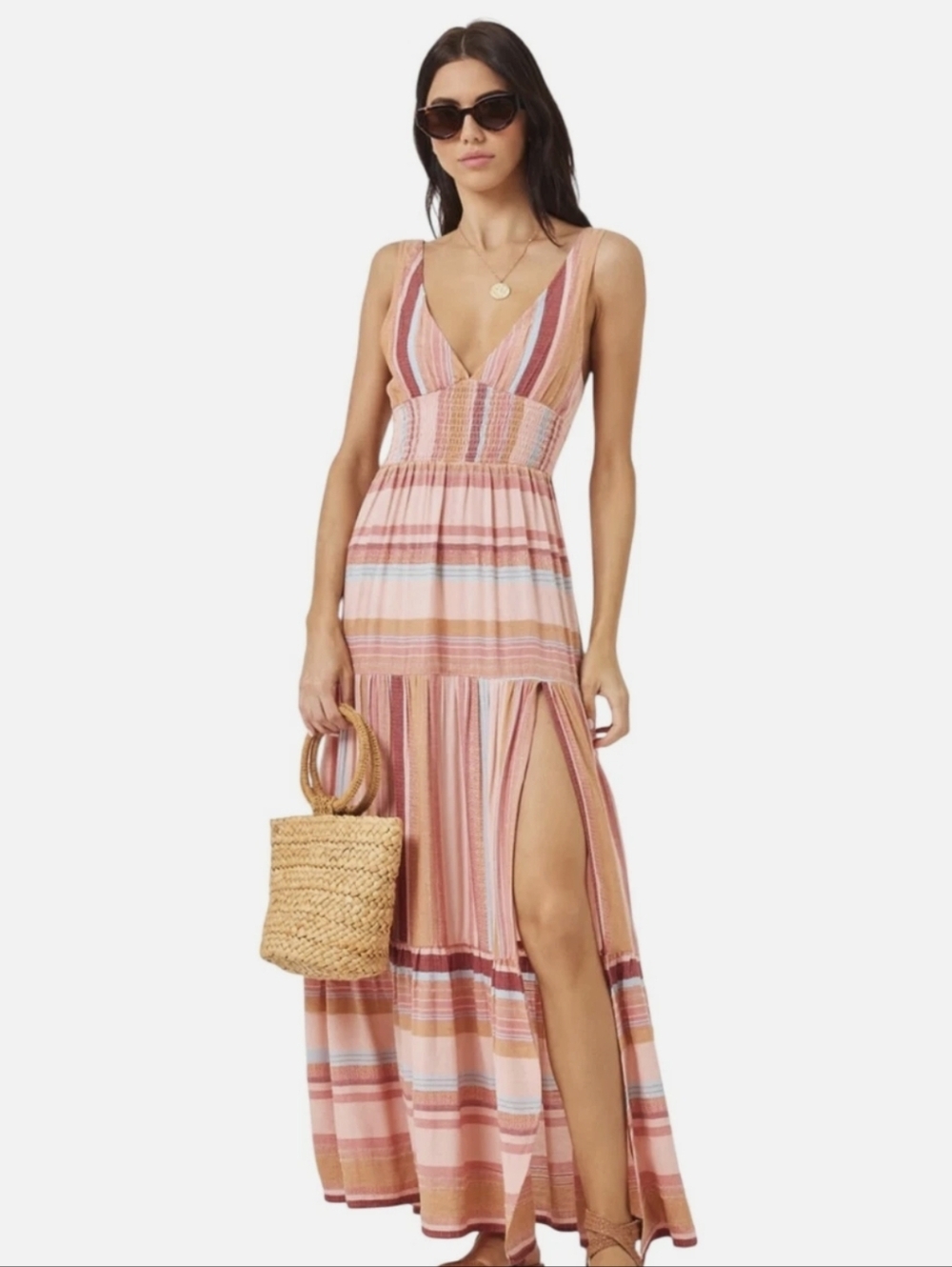 l*space Long Sleeve Striped Maxi Dress in Peach and Cream